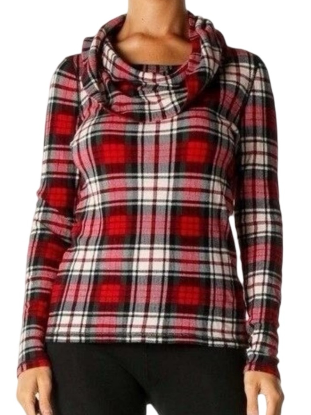 RALPH LAUREN LRL Red Black White Tartan Cowl Neck Long Sleeve Shirt Size XL